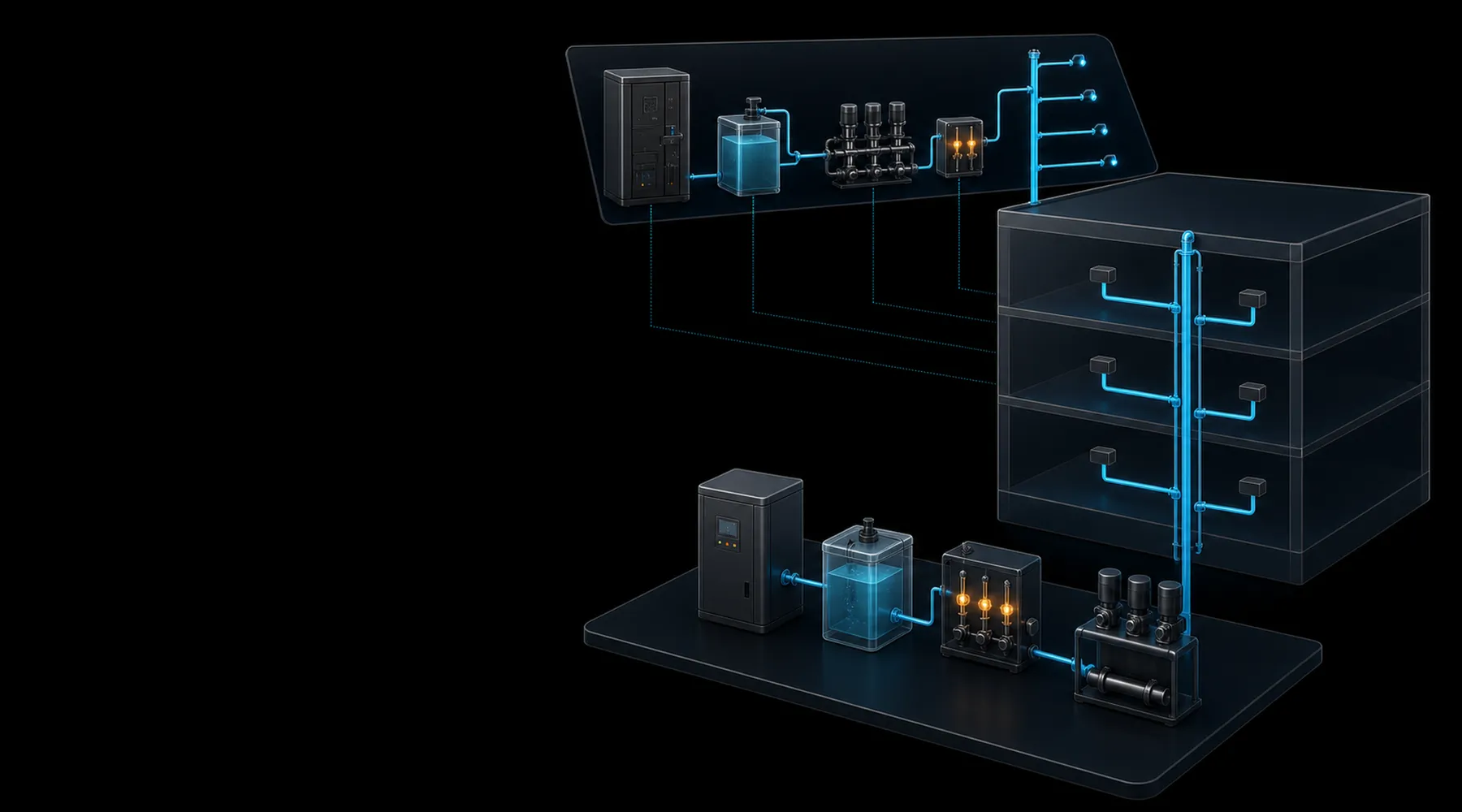 Schematic 3D illustration of a drinking water installation in a multi-storey building with water hygiene equipment