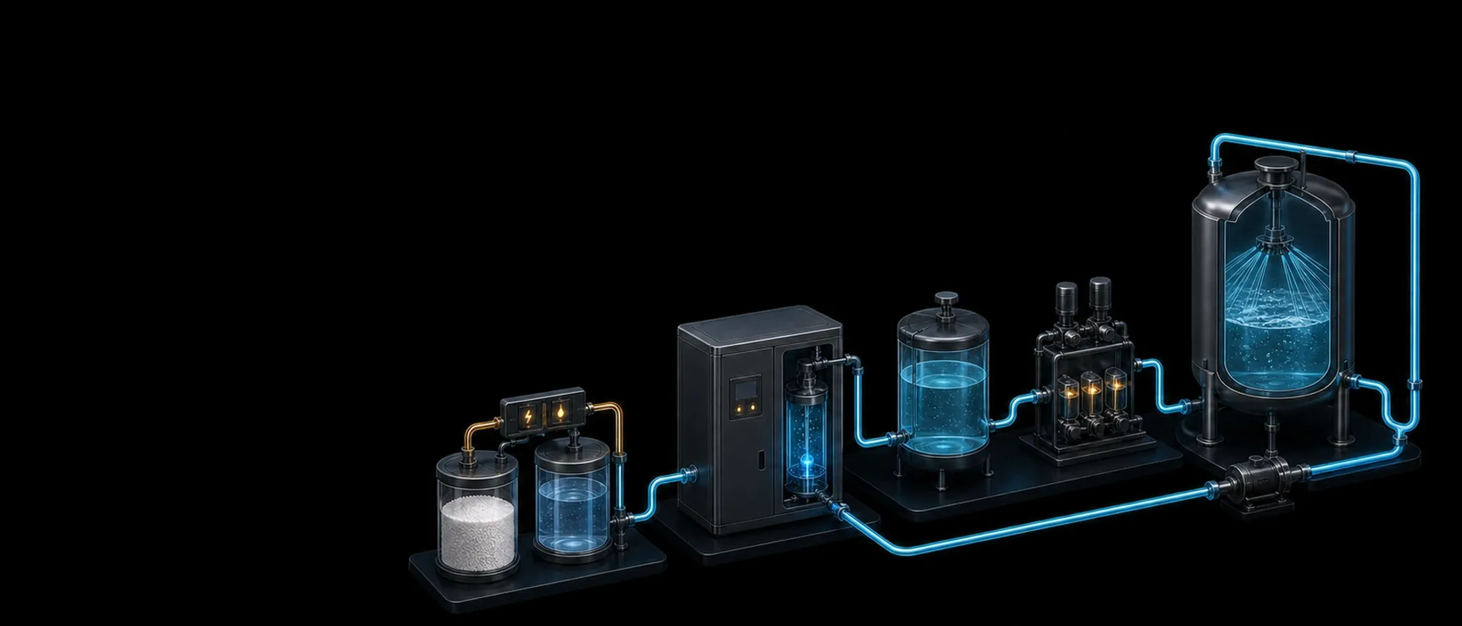 Dreidimensionale Darstellung einer CIP-Anlage mit Generator, Dosierung und Behälter für die Reinigung in der Lebensmittelproduktion