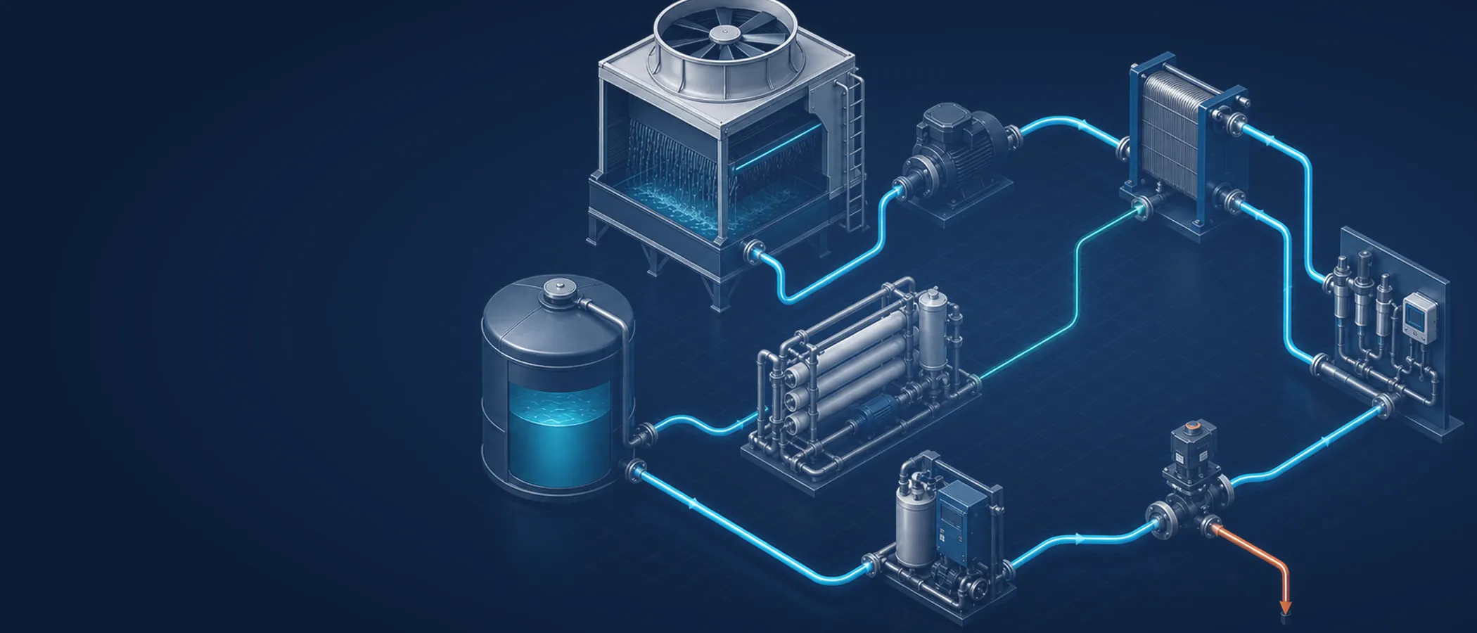 Isometrische Darstellung eines industriellen Wasserkreislaufs mit Kühlturm, Tank, Membrananlage, Wärmetauscher und Messtechnik
