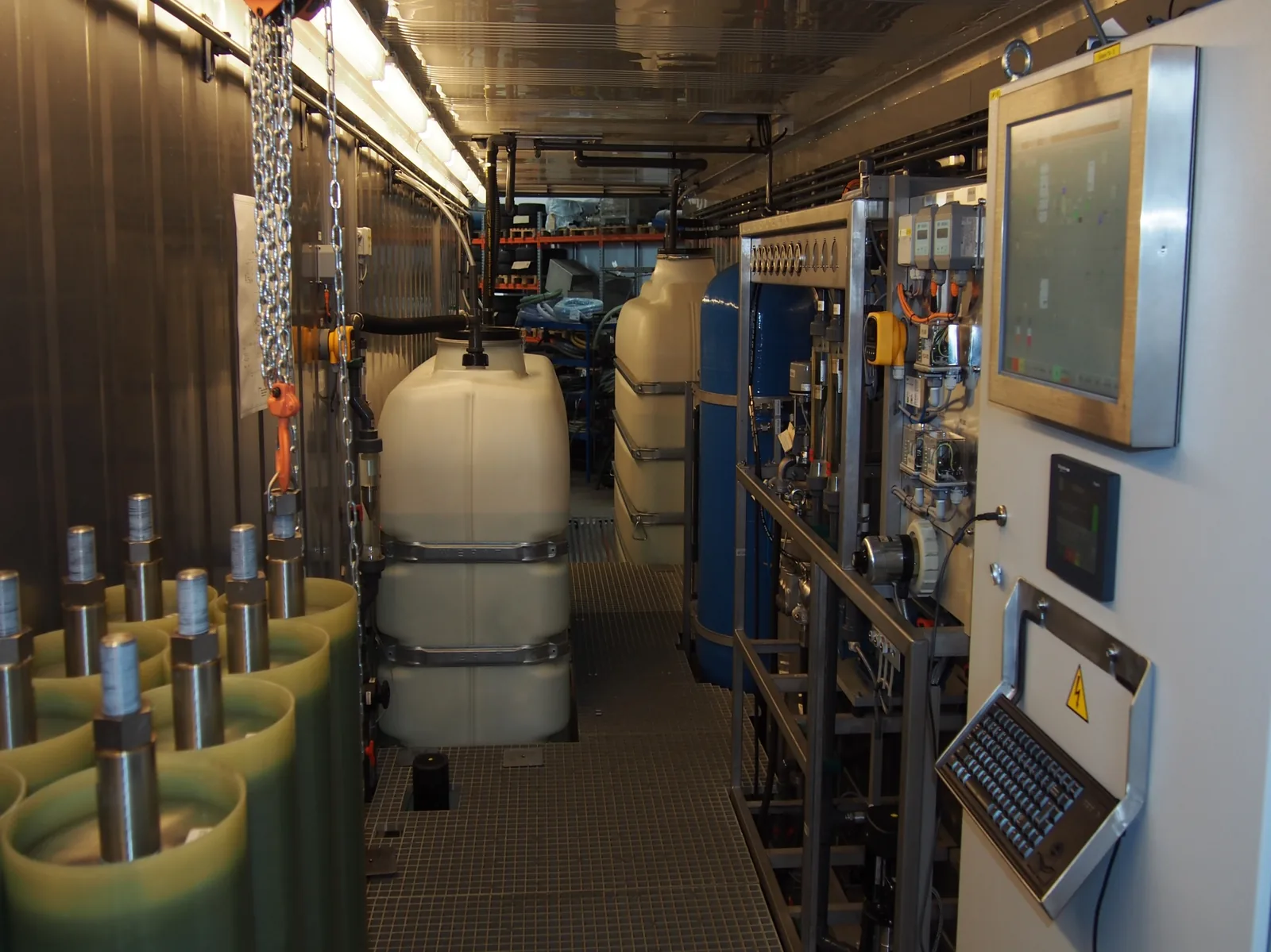 RCDT membrane modules, feed tanks and operator panel inside the plant container