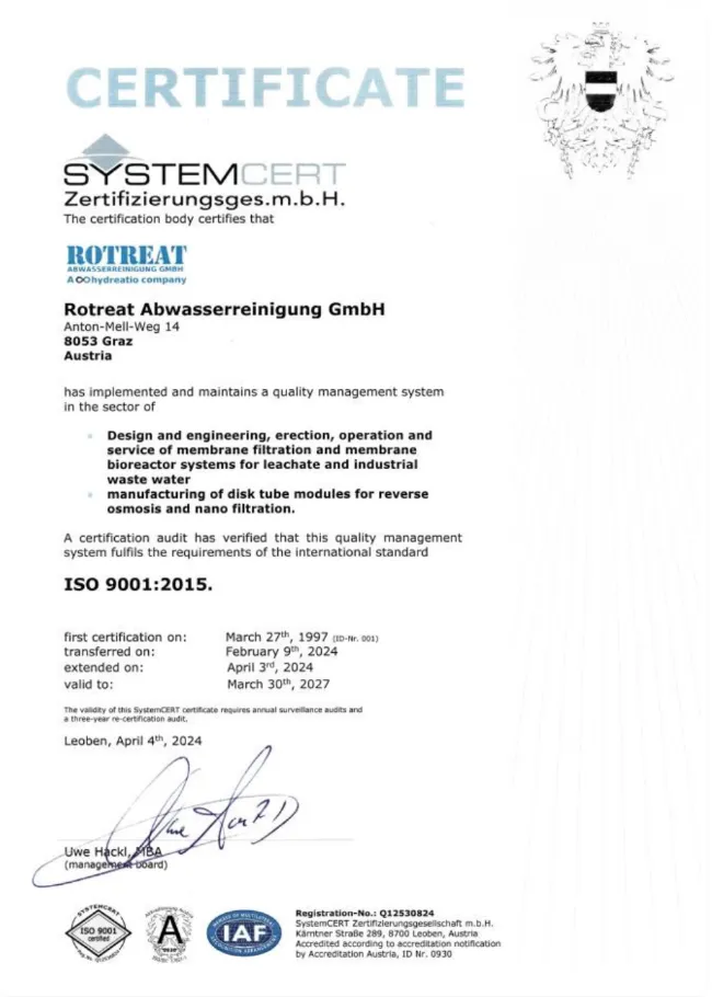 SystemCERT certificate ISO 9001:2015 for Rotreat Abwasserreinigung GmbH, Graz, valid until 30 March 2027