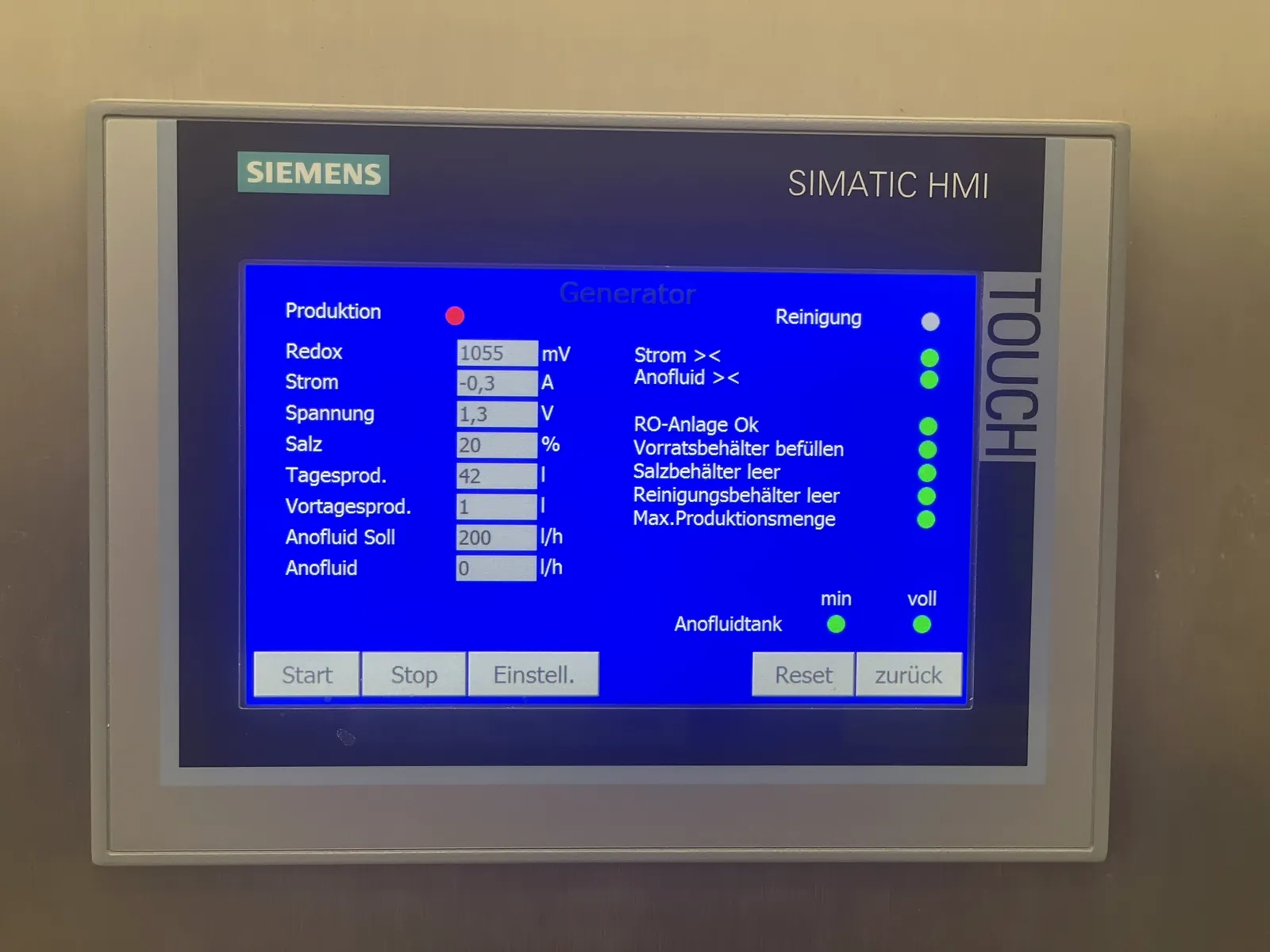 Operating panel showing redox, current, production and tank levels